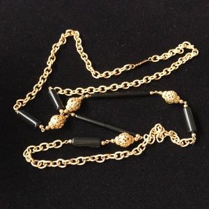 Vintage gold tone bead & black bead Long Necklace